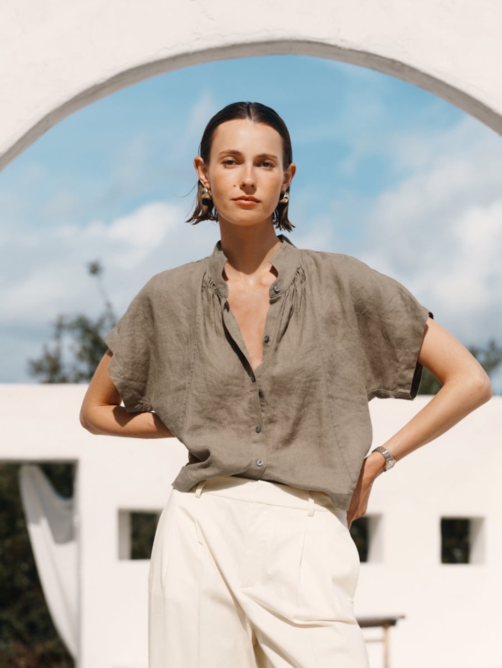 Grayson Relaxed Short-Sleeve Linen Shirt - Olive